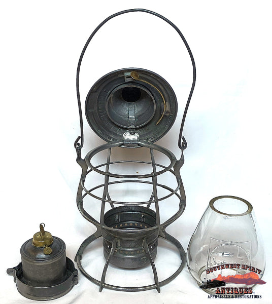 1892 Santa Fe Route A&W Lantern w/Clear Cast Tall Ext. Base Corning Globe - RAILROADIANA
