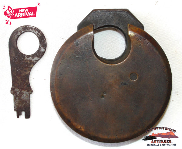 Pacific Express Co. 1902 Brass Round 6-Lever DK Miller Pancake Lock & Key RARE! RAILROADIANA