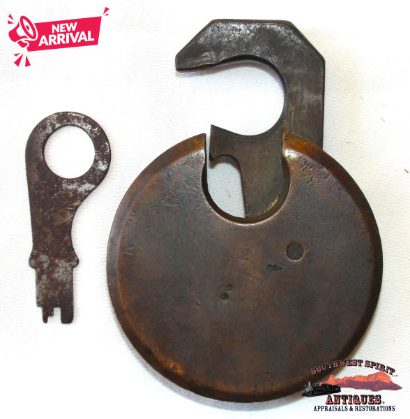 Pacific Express Co. 1902 Brass Round 6-Lever DK Miller Pancake Lock & Key RARE! RAILROADIANA