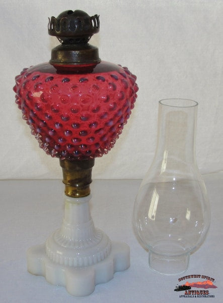 1860-70S Cranberry Opalescent Hobnail Boudoir Style Oil Lamp General Store & Lighting