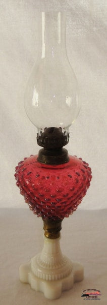 1860-70S Cranberry Opalescent Hobnail Boudoir Style Oil Lamp General Store & Lighting