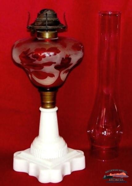 1860S-70S Ruby Stained & Frosted Atterbury Kerosene Lamp General Store Lighting