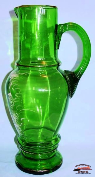 1890S-1900S Mary Gregory Green Ewer Shaped Pitcher Glassware-China-Silver