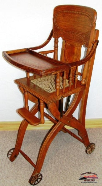 1890S Childs Oak Pressed Back High Chair-Stroller Furniture