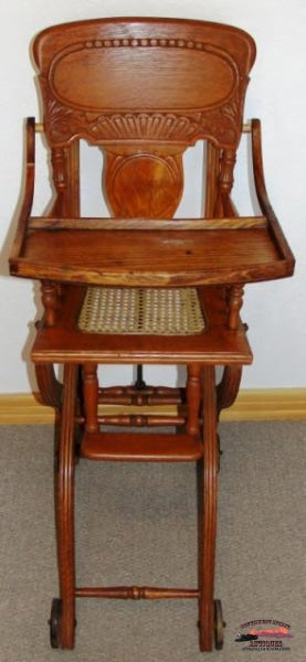 1890S Childs Oak Pressed Back High Chair-Stroller Furniture