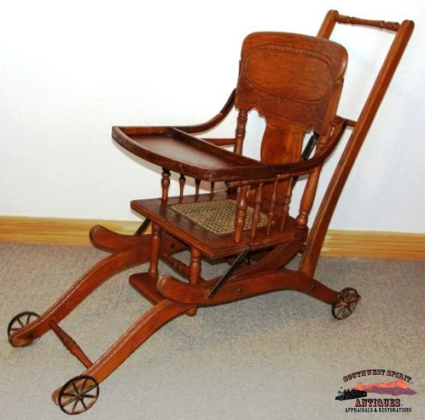 1890S Childs Oak Pressed Back High Chair-Stroller Furniture