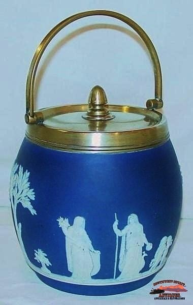 1890S Dark Blue Wedgwood Classical Biscuit Jar Glassware-China-Silver