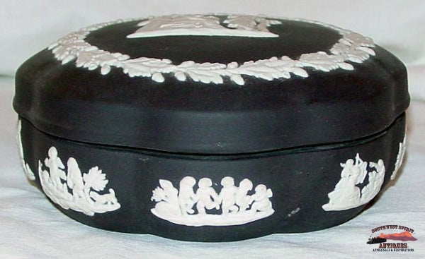 1915 Basalt Jasperware Marked Wedgwood Covered Pin Box Glassware-China-Silver