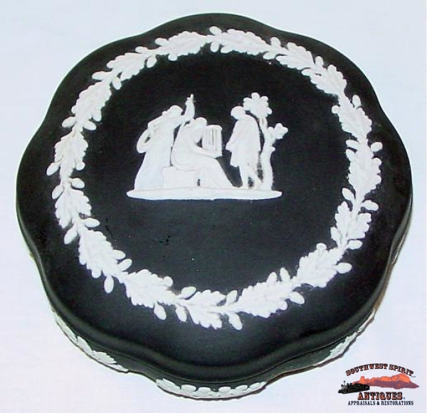 1915 Basalt Jasperware Marked Wedgwood Covered Pin Box Glassware-China-Silver