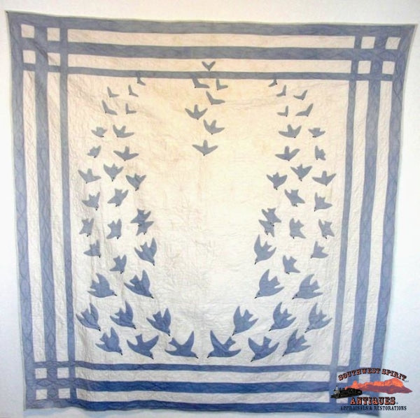 1917 Hand Stitched Blue Birds Of Happiness Quilt Collectibles-Toys-Games