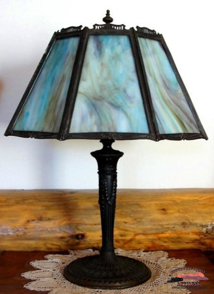 1920S Blue-Lavender 8 Panel Slag Glass Table Lamp General Store & Lighting