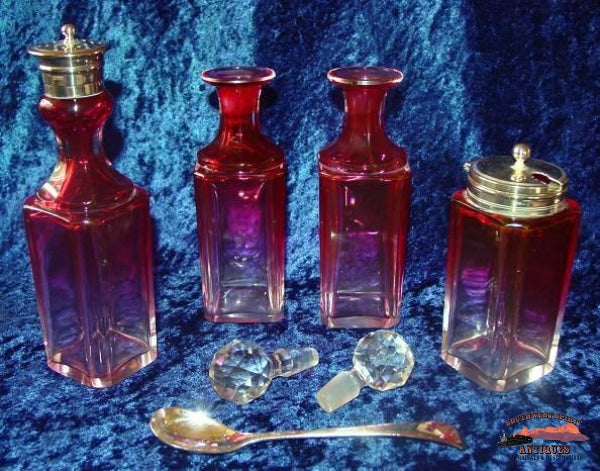 1930S English Deykin & Sons Rubina 4 Bottle Castor Set Glassware-China-Silver