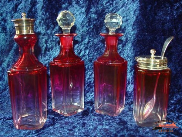 1930S English Deykin & Sons Rubina 4 Bottle Castor Set Glassware-China-Silver