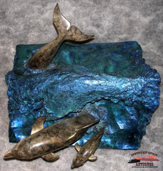 1992 Bronze Robert Wyland Dolphin Experience Sculpture Table Furniture