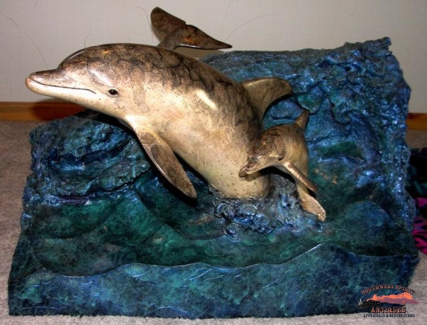 1992 Bronze Robert Wyland Dolphin Experience Sculpture Table Furniture