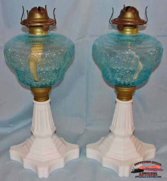 2 Matching 1870S Blue Daisy & Button Pattern Banquet Oil Lamps General Store Lighting
