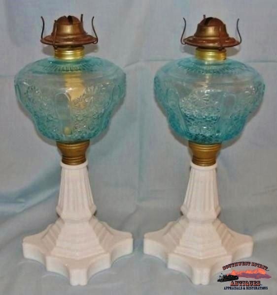 2 Matching 1870S Blue Daisy & Button Pattern Banquet Oil Lamps General Store Lighting