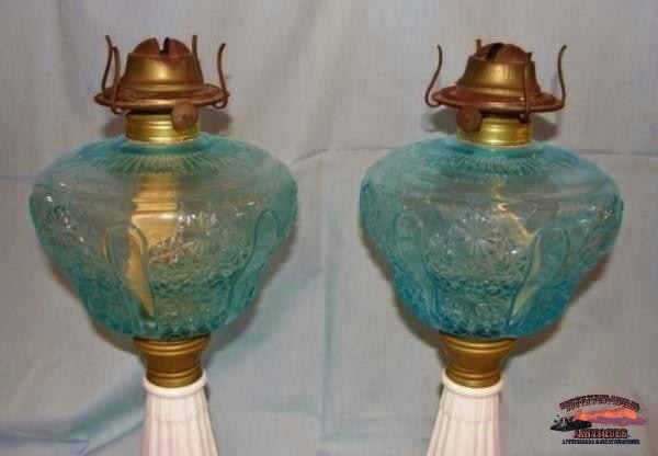 2 Matching 1870S Blue Daisy & Button Pattern Banquet Oil Lamps General Store Lighting