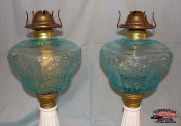 2 Matching 1870S Blue Daisy & Button Pattern Banquet Oil Lamps General Store Lighting