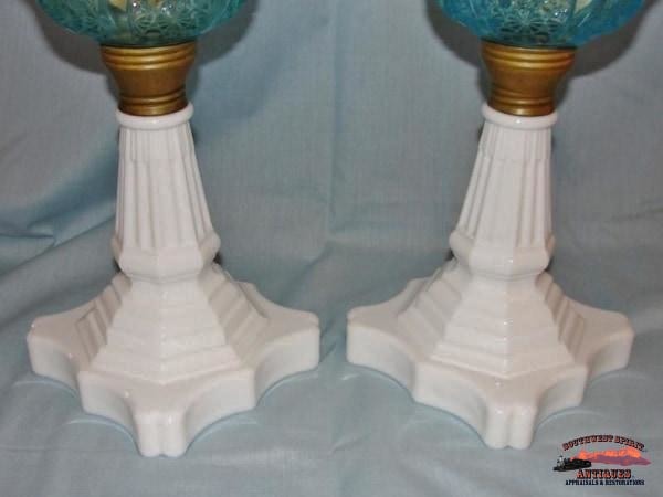 2 Matching 1870S Blue Daisy & Button Pattern Banquet Oil Lamps General Store Lighting