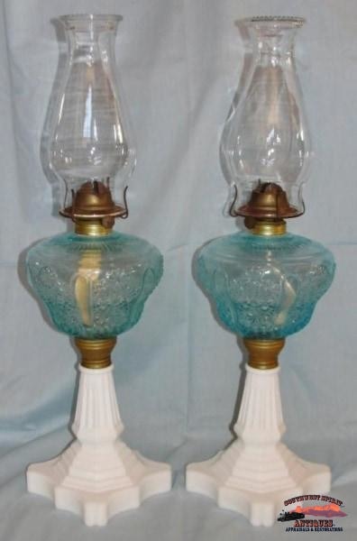 2 Matching 1870S Blue Daisy & Button Pattern Banquet Oil Lamps General Store Lighting