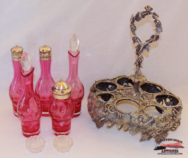 Antique German Nickle Silver Cranberry Coin Dot 5 Bottle Castor Set With Salt Dips