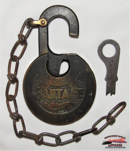 Santa Fe Railway 6-Lever Pancake Long Shackle Brass Cast Lock & Marked Key Railroadiana