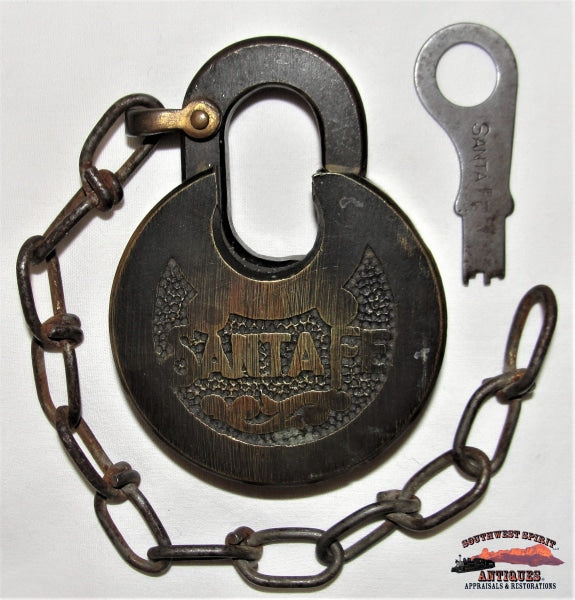 Santa Fe Railway 6-Lever Pancake Long Shackle Brass Cast Lock & Marked Key Railroadiana