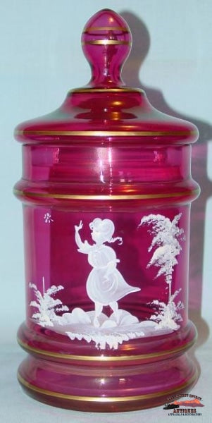 Cranberry Mary Gregory Humidor W/ Lid Glassware-China-Silver