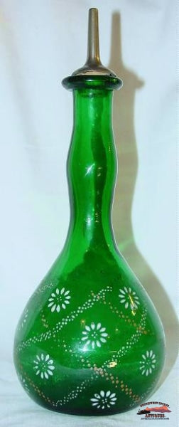 Early Handblown Green Enameled Barber Bottle Glassware-China-Silver