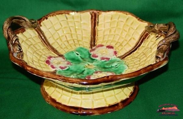 Majolica Footed Compote With Snake Handles Glassware-China-Silver