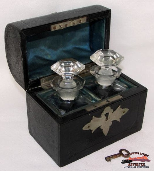 Mid 1800S English 2 Bottle Cologne-Scent Set In Chest Glassware-China-Silver