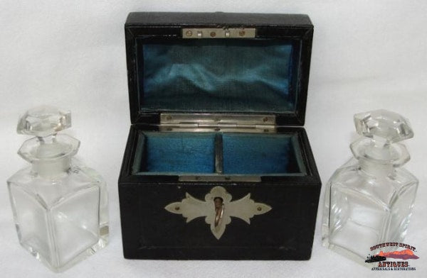 Mid 1800S English 2 Bottle Cologne-Scent Set In Chest Glassware-China-Silver