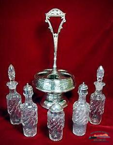 Victorian 5 Bottle Silverplate Castor Set Glassware-China-Silver
