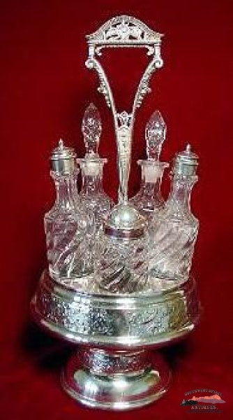 Victorian 5 Bottle Silverplate Castor Set Glassware-China-Silver