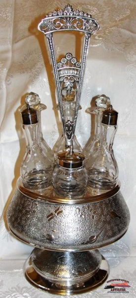 Victorian 6 Bottle Castor Set W/sealife Embossed Frame Glassware-China-Silver