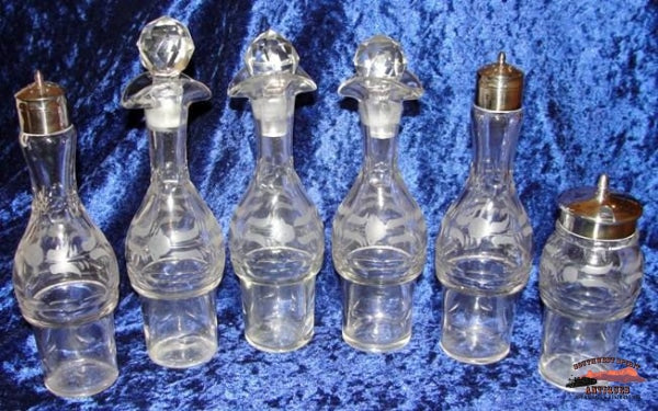 Victorian 6 Bottle Castor Set W/sealife Embossed Frame Glassware-China-Silver