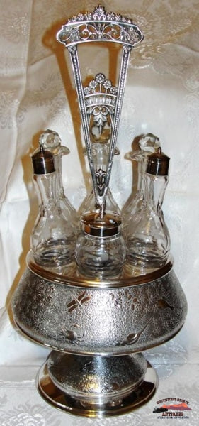Victorian 6 Bottle Castor Set W/sealife Embossed Frame Glassware-China-Silver
