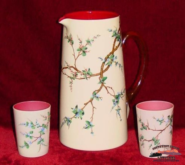 Vict. Cranberry Cased Pitcher And 2 Tumblers Glassware-China-Silver