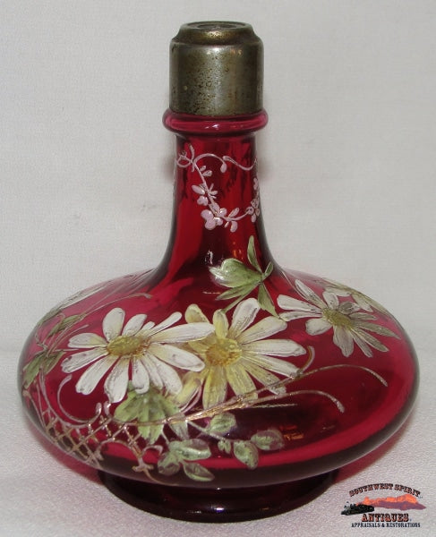 Victorian Cranberry Daisy Enameled Perfume Atomizer Glassware-China-Silver