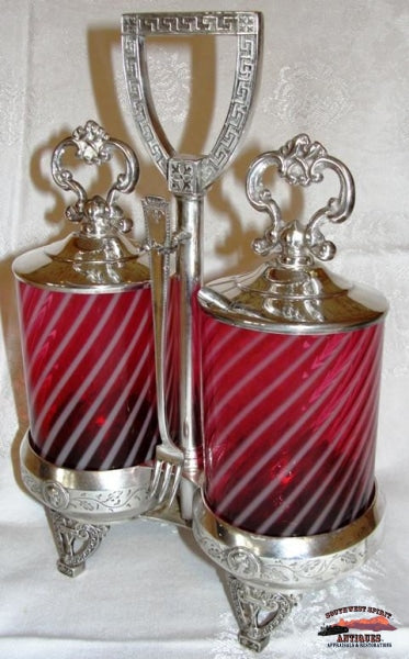 Vict. Cranberry Opalescentswirl Double Pickle Castor Glassware-China-Silver
