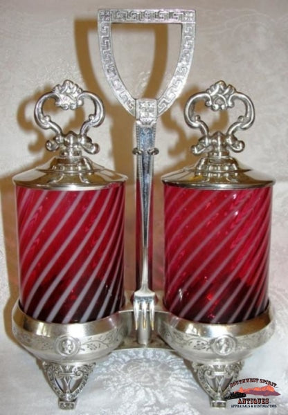 Vict. Cranberry Opalescentswirl Double Pickle Castor Glassware-China-Silver