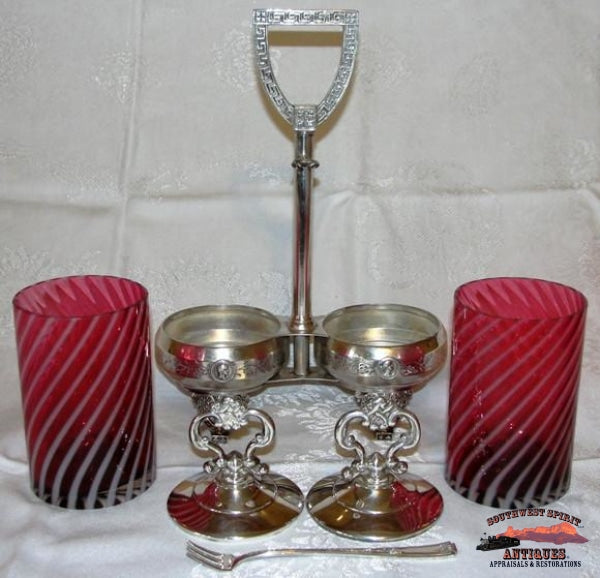 Vict. Cranberry Opalescentswirl Double Pickle Castor Glassware-China-Silver