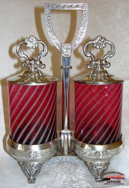 Vict. Cranberry Opalescentswirl Double Pickle Castor Glassware-China-Silver