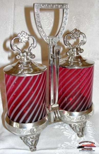 Vict. Cranberry Opalescentswirl Double Pickle Castor Glassware-China-Silver