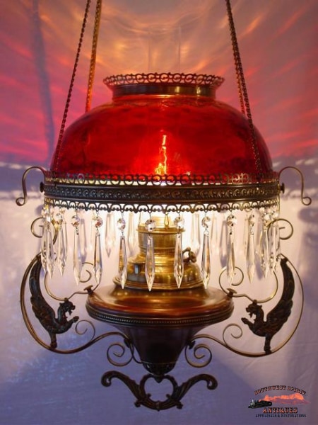Victorian Hanging Parlor Lamp w/ Amberina Quilted Shade