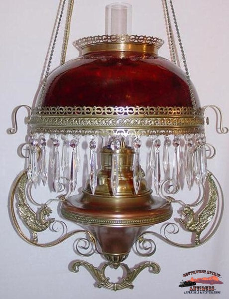Victorian Hanging Parlor Lamp W/ Amberina Quilted Shade General Store & Lighting