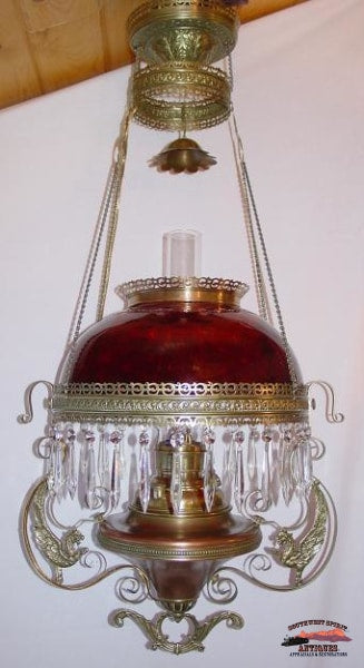 Victorian Hanging Parlor Lamp W/ Amberina Quilted Shade General Store & Lighting