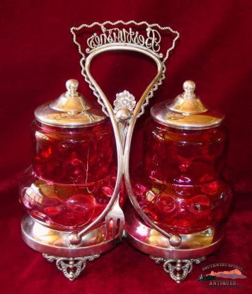 Victorian Meriden Double Cranberry Pickle Castor Glassware-China-Silver