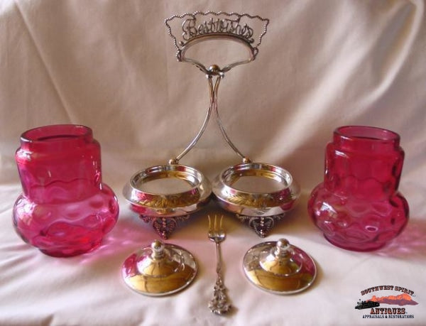 Victorian Meriden Double Cranberry Pickle Castor Glassware-China-Silver